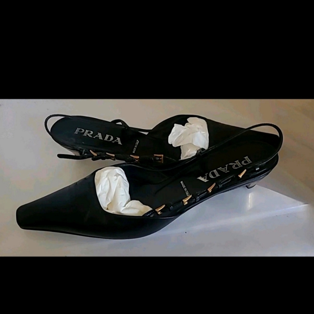 Prada☆Vintage Late 1990 Multi-Buckle, Very Square-Toe Slingback Kitten Heels, 40